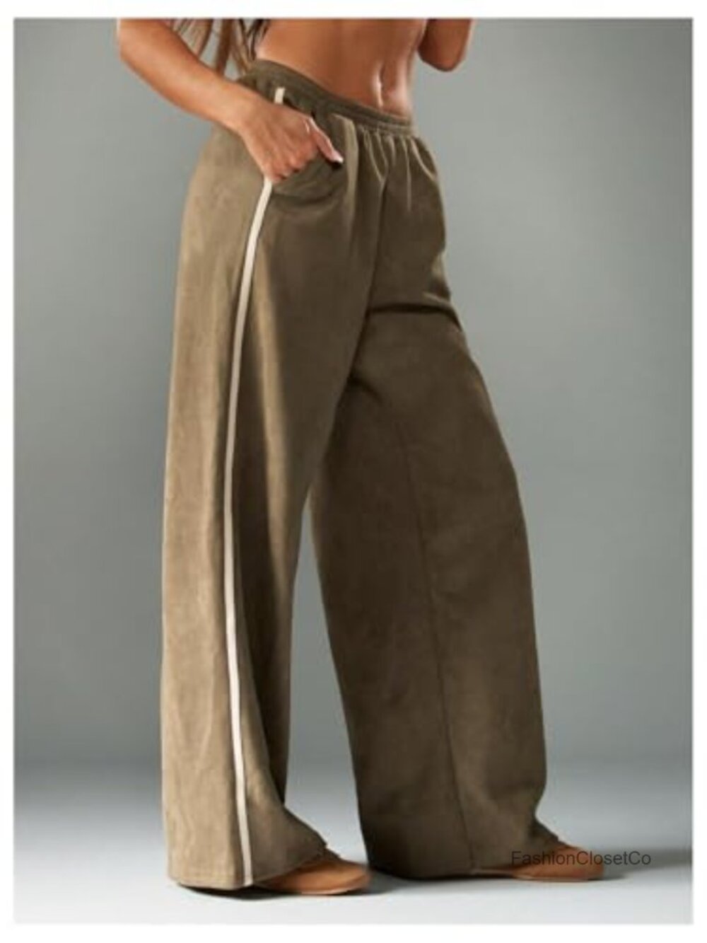 Faux Suede Baggy Pants Wide Leg High Waist Elastic Waistband Casual - Picture 2 of 4